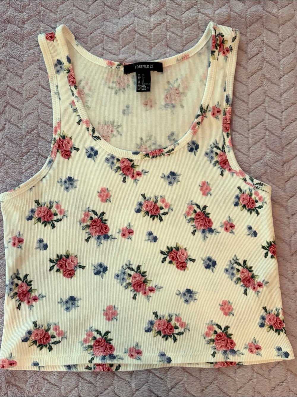 Forever 21 Cream Ribbed Tank Top with Pink and Blue Floral Print